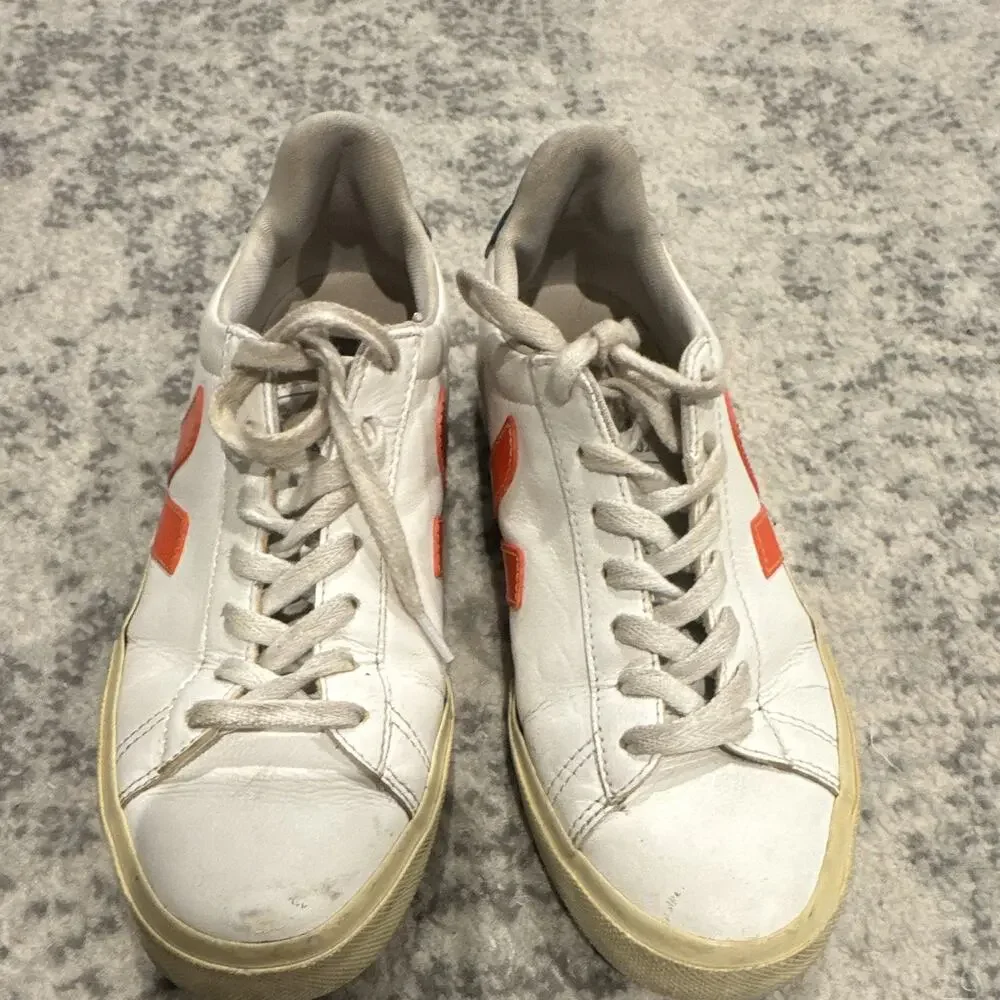 VEJA Leather Low Top Lace Up Sneakers White Orange V Logo Blue Heel Tab Men